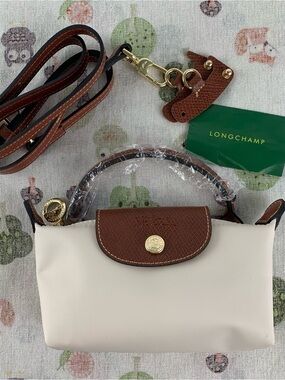Longchamp Small Top-Handle Mini Bag in Cream with Brown Trim
